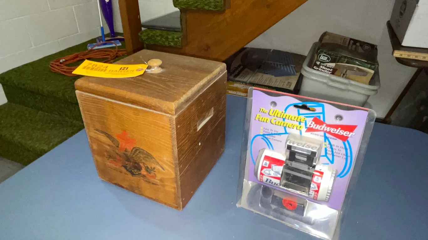 Antique Budweiser Ice Box and Camera