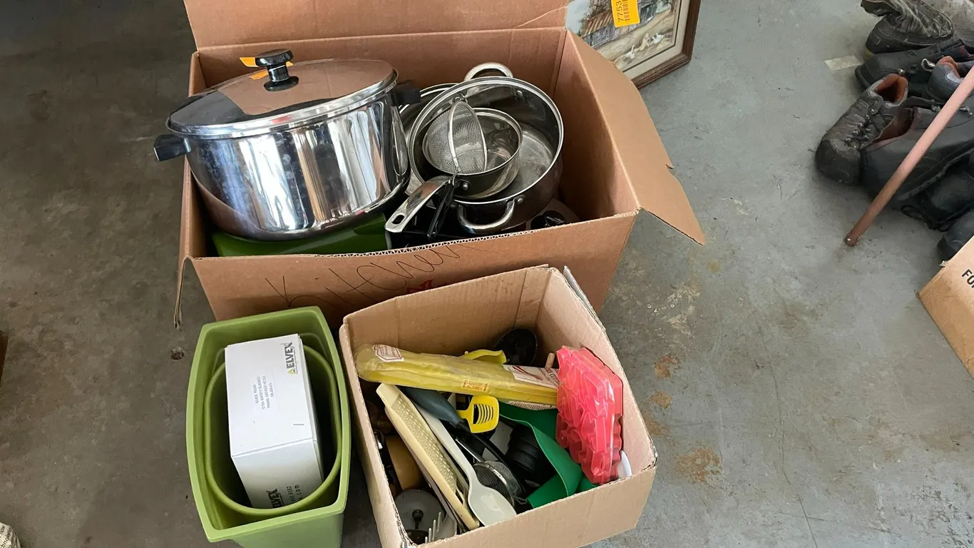 Assortment of Kitchen Items and (2) Small Garbage Cans
