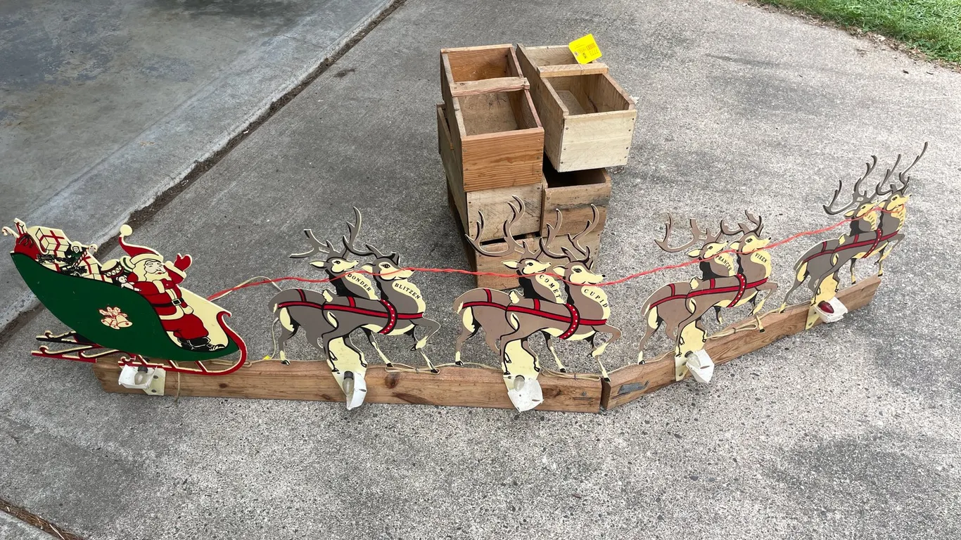 (6) Wood Crates and Light Up Santa with Sleigh