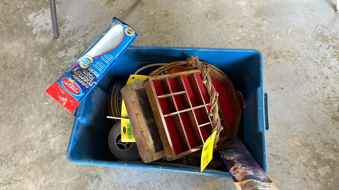 Wicker Basket, Knick Knack Shelves, and Tote of Household Items