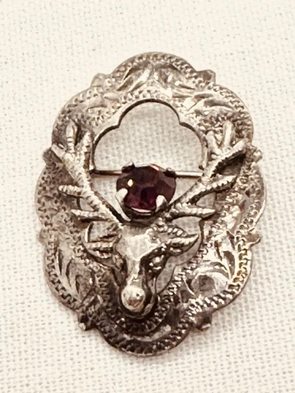 Vintage Celtic Stag Head Silver Brooch with Amethyst signed MIZPAH untested