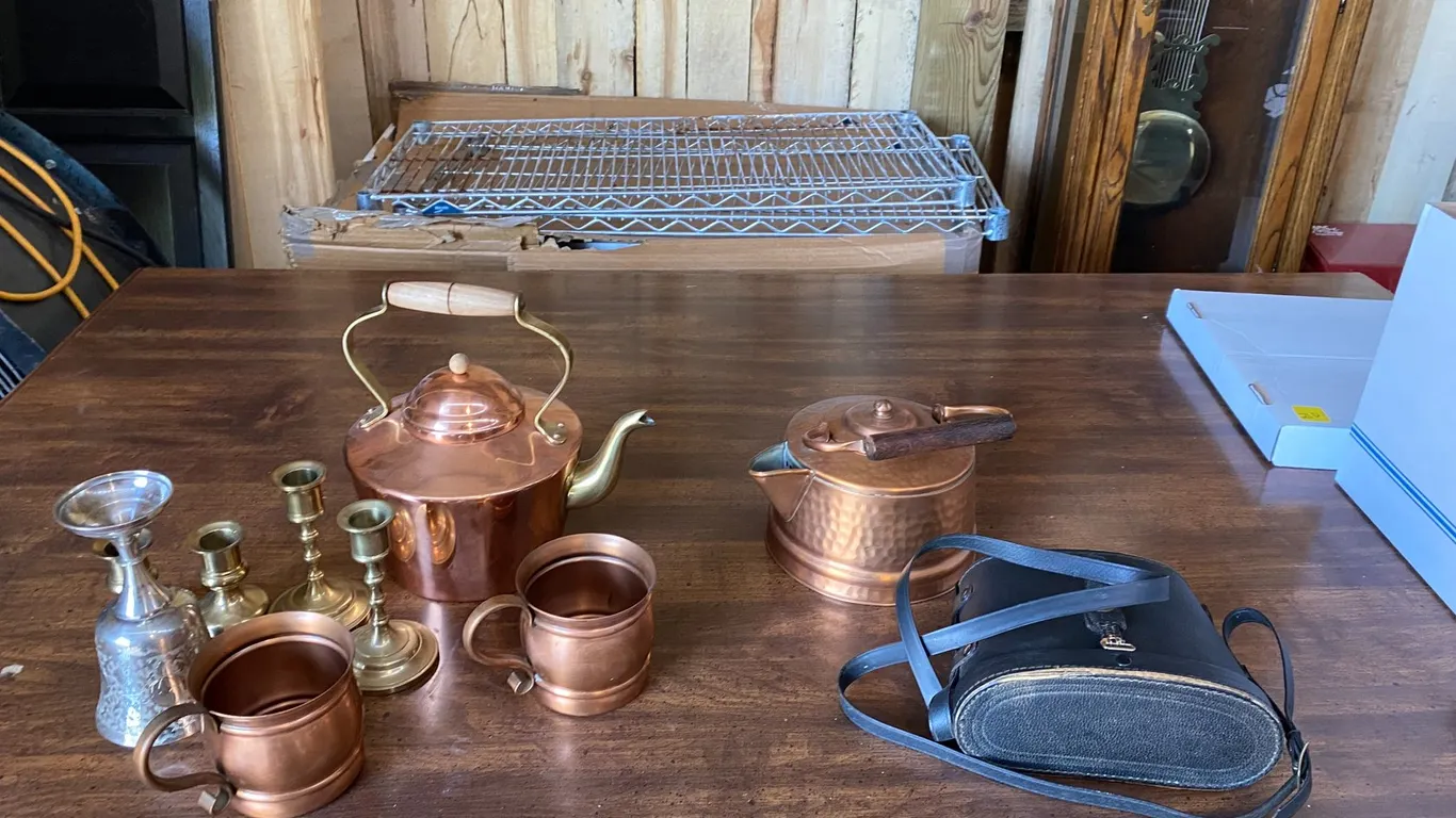 COPPER TEA KETTLES, CUPS, VINTAGE BINOCULARS