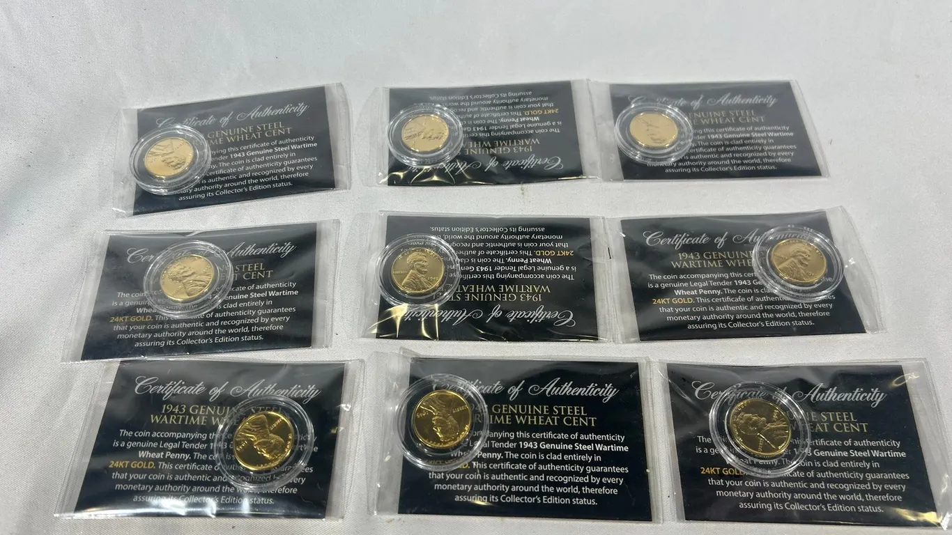 (9) 1943 STEEL PENNIES WITH 24KT GOLD PLATED