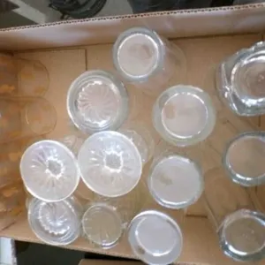 box of clear water glasses, assorted types