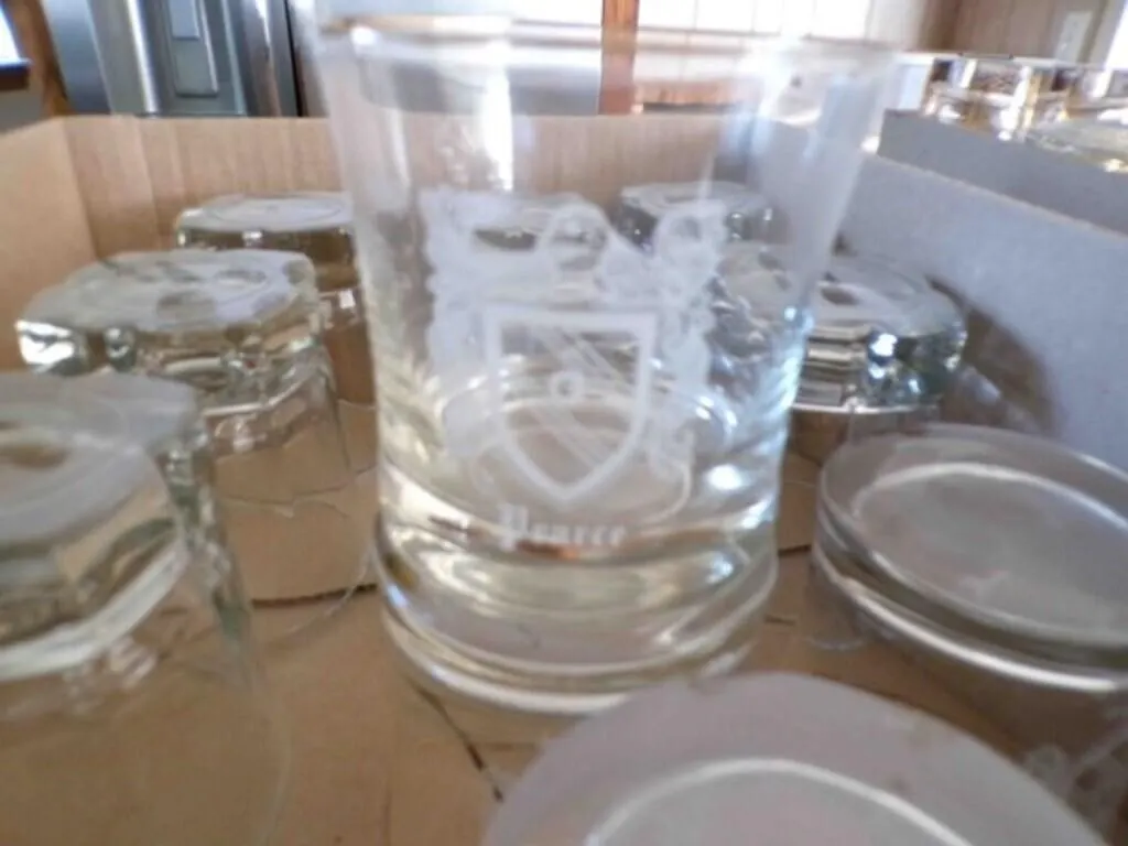 Box of clear whisky glasses (14) total