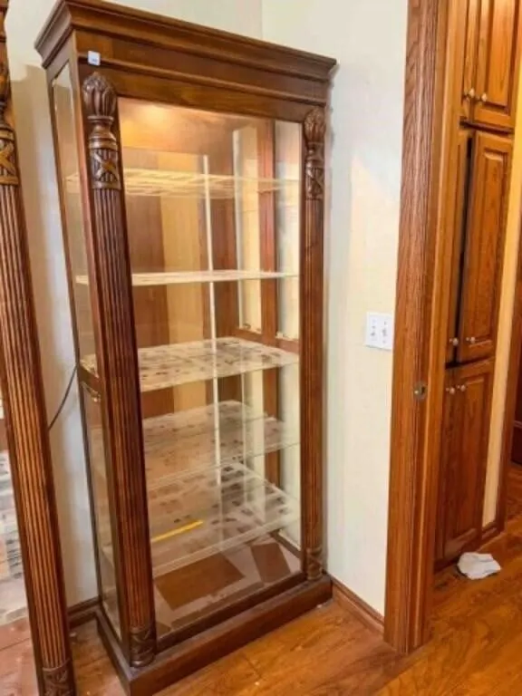 Walnut show/China cabinet, lights work, 14½" deep