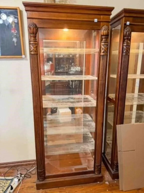 Walnut show/China cabinet, lights work, 14½" deep