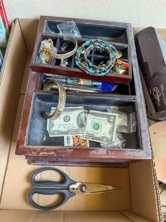 jewelry box and misc. pins, etc