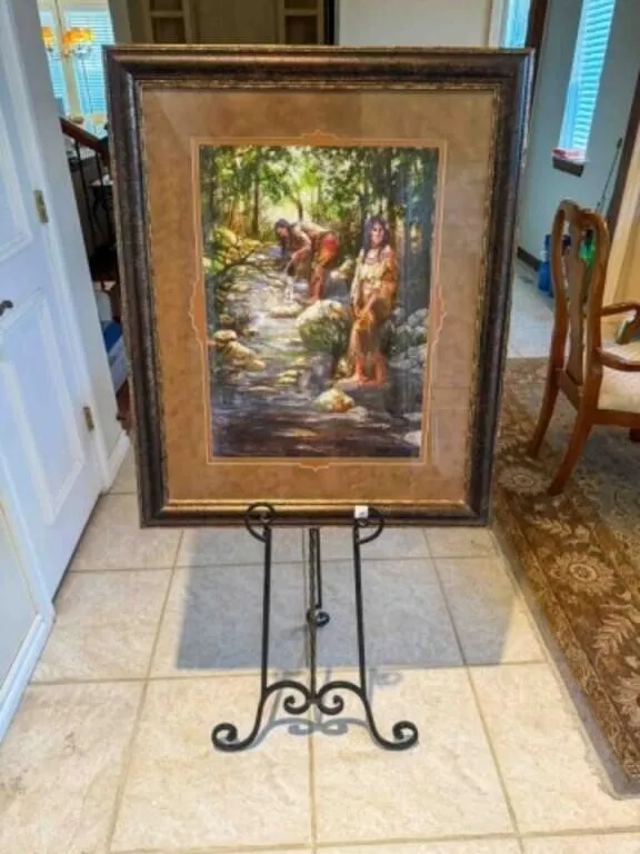 Native American art depicting women by stream
