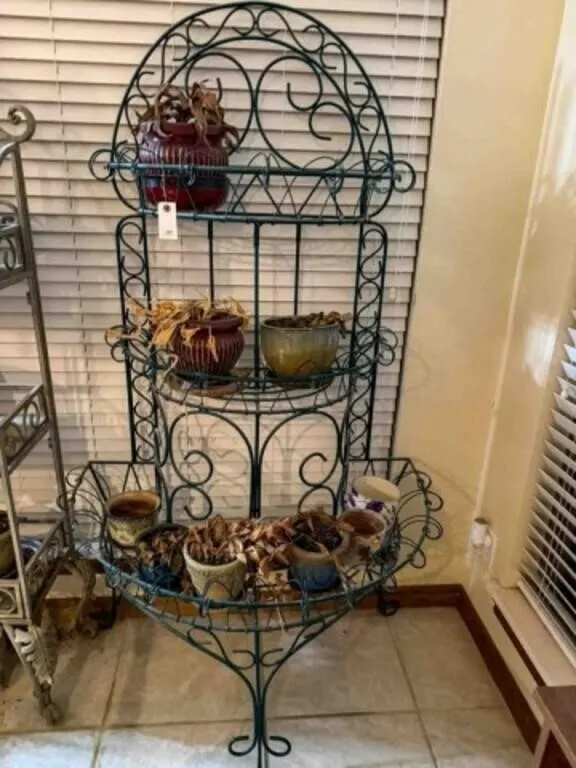 metal plant stand w/flower pots