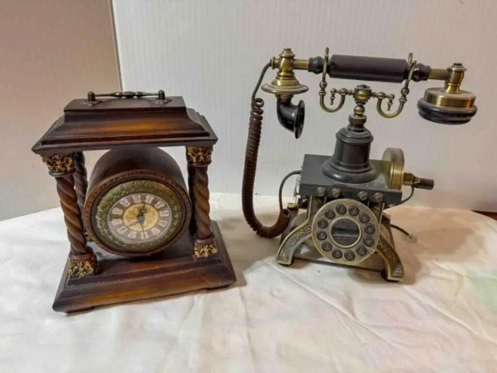 plastic clock and vintage style telephone