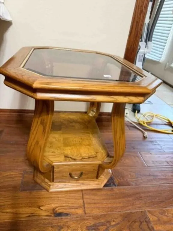 wood w/glass top lamp stand, 22" x27" x 21½" tall