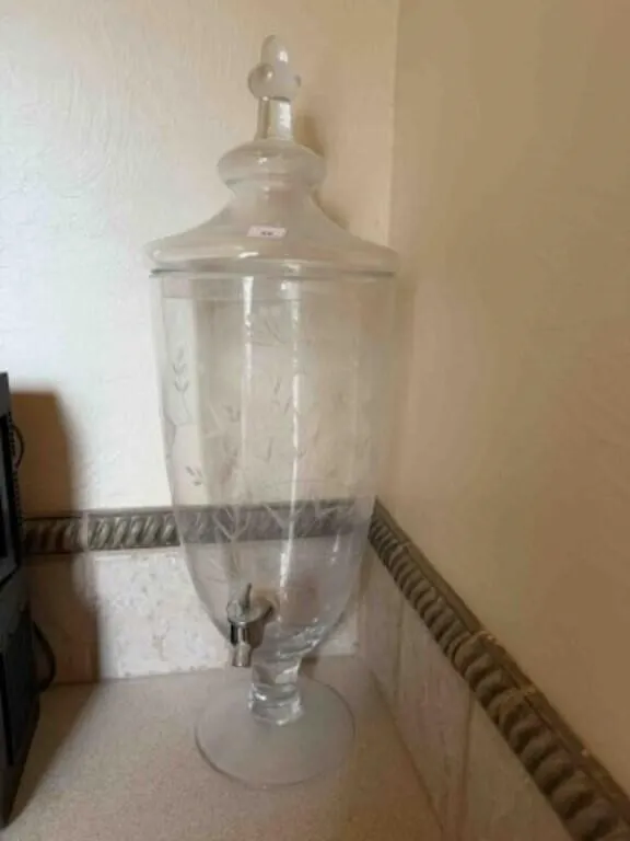 Etched glass drink dispenser, 25" tall