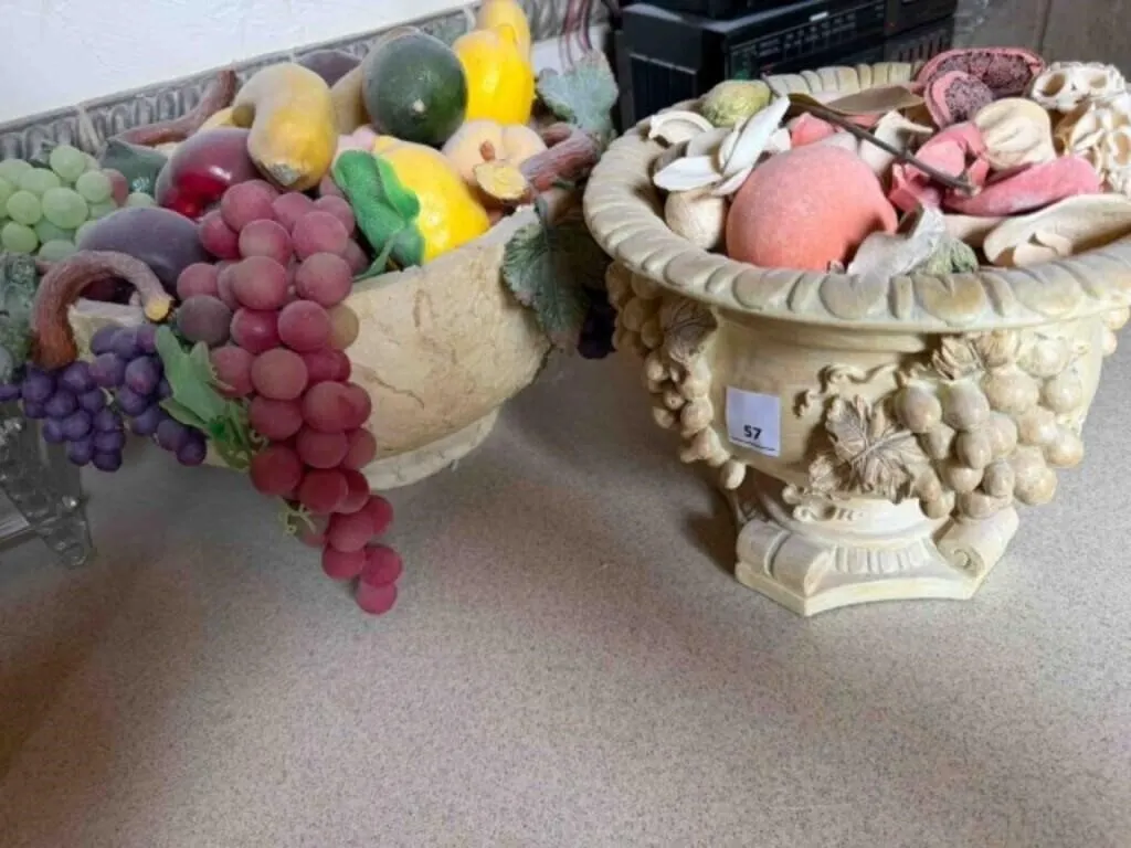 2-decorative containers w/artificial fruit, etc
