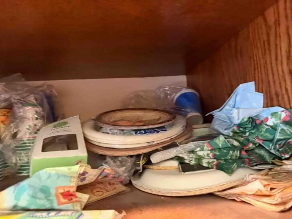 cabinet full of party cups, bowls, 2-new boxes