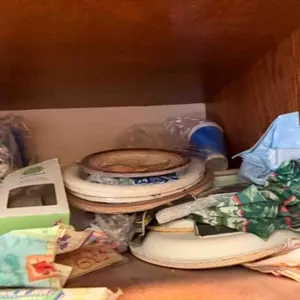 cabinet full of party cups, bowls, 2-new boxes