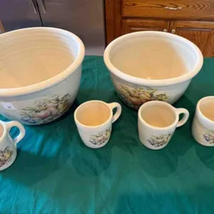 2-large crock bowls and 4-coffee mugs