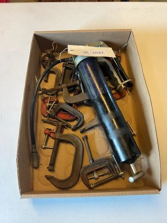 Air Grease Gun & Assorted C-Clamps Lot
