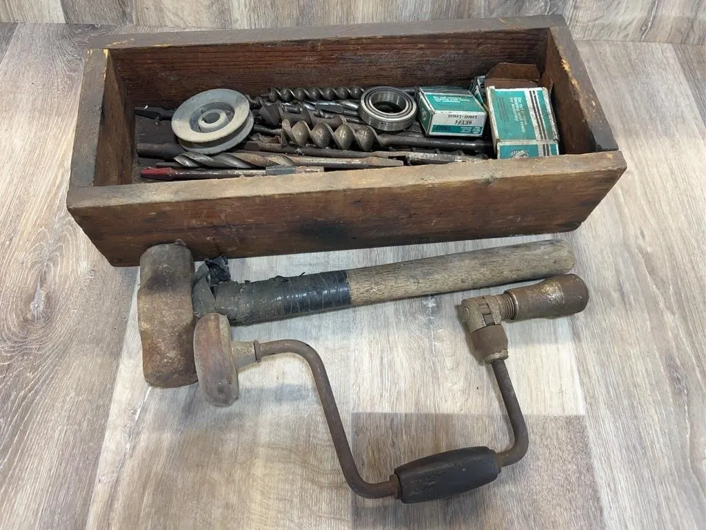Wooden Tool Box with Hand Tools & Bits
