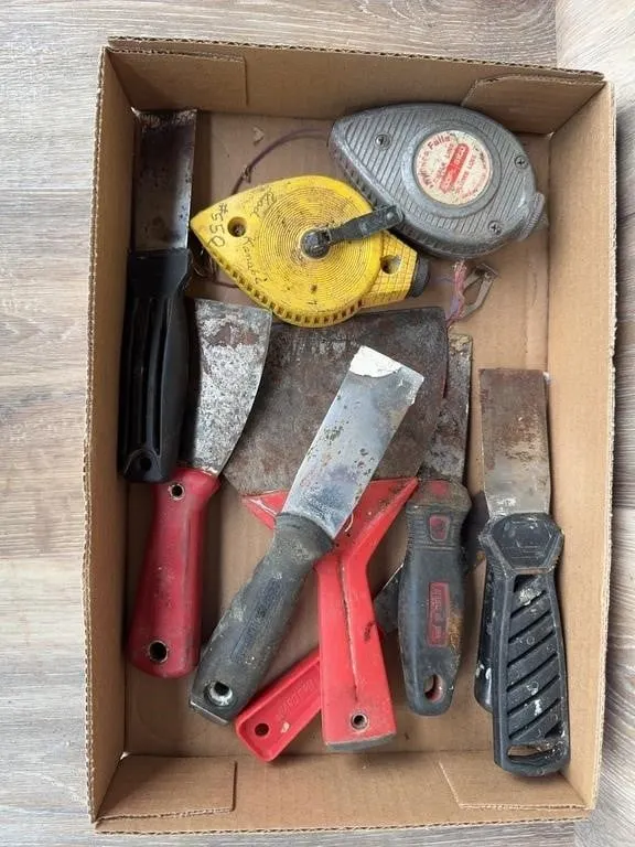 Assorted Hand Tools: Scrapers & Chalk Lines