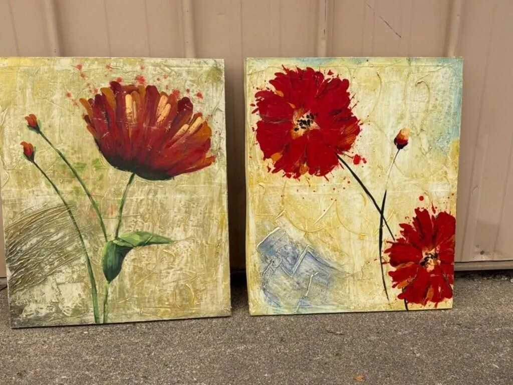 Pair of Floral Textured Canvas Paintings