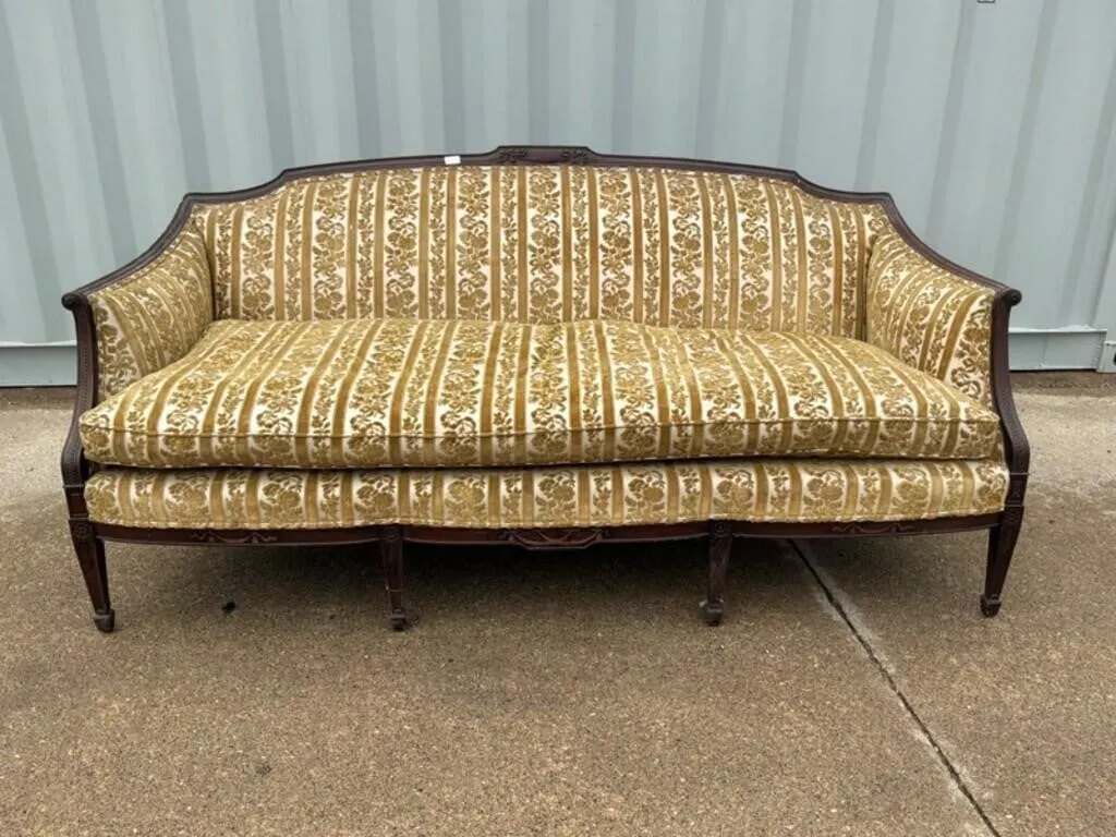 Vintage Mahogany Sofa w/ Gold Upholstery