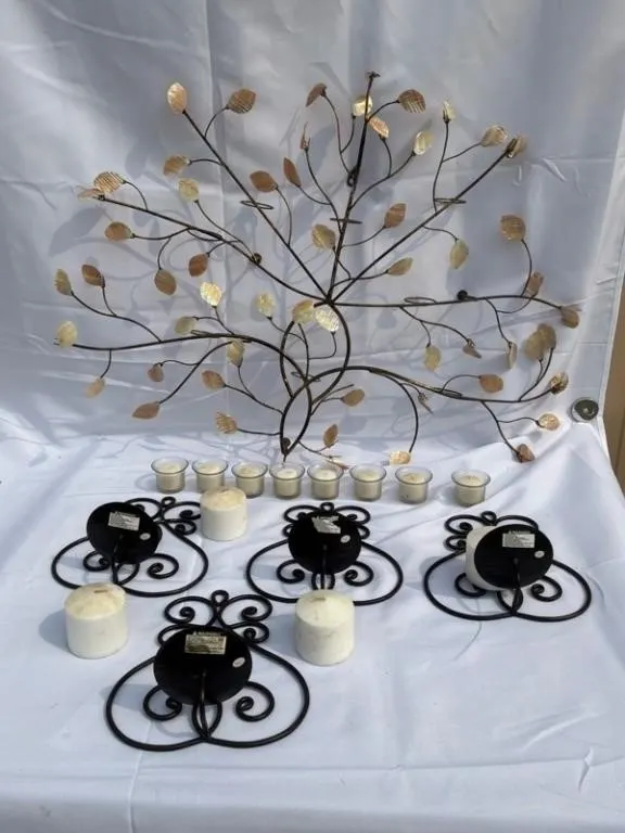 Metal Wall Candle Holders & Shell Tree