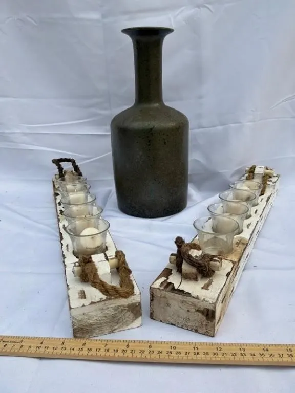 Decorative Wood Candelabra Set w/ Vase