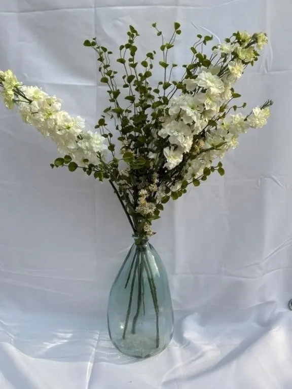 Blue Glass Vase w/ Floral Stems