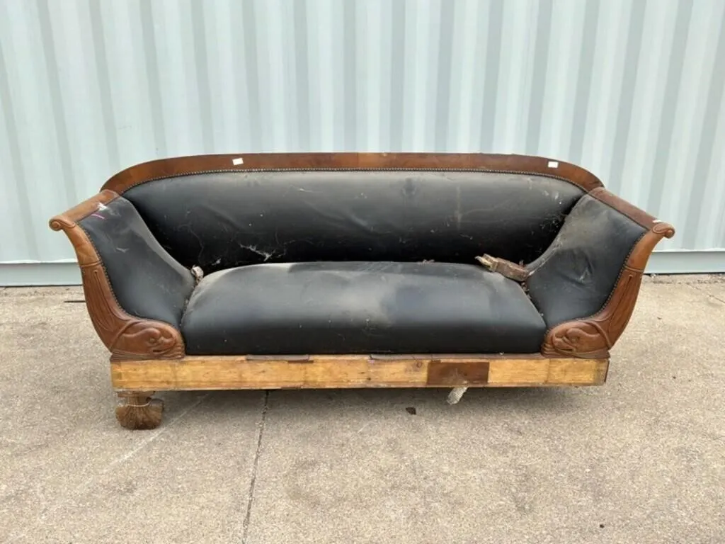 Antique Carved Wood Sofa w/ Black Upholstery