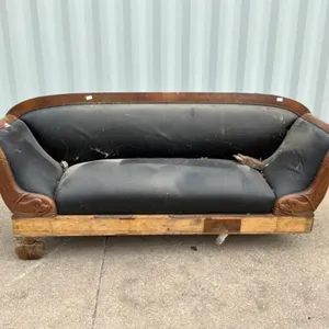 Antique Carved Wood Sofa w/ Black Upholstery
