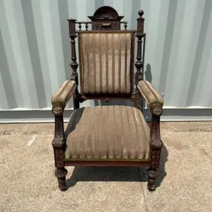 Antique Carved Wood Upholstered Armchair