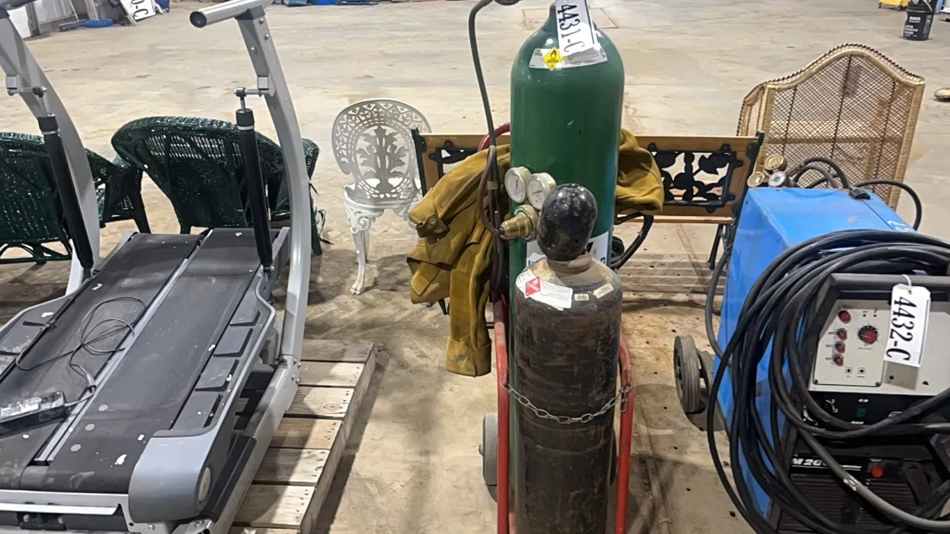 2 - OXY & ACET BOTTLES w/ CART, SAFETY GOGGLES, LEATHER WELDING JACKET