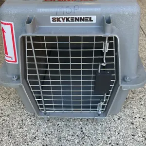 Sky Kennel plastic pet carrier. Features a grey molded plastic shell, wire mesh front door with a locking latch, wire side ventilation, and a top carr