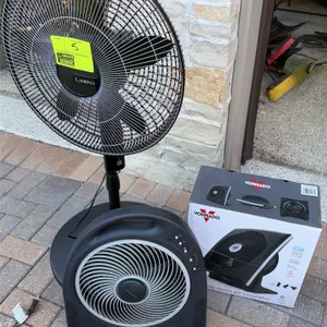 Fan lot. Includes (1) Lasko pedestal floor fan with adjustable height and a round base, (1) Holmes Blizzard floor fan with integrated carrying handle,
