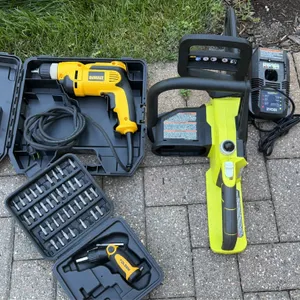 Power and hand tool lot. Includes DeWalt DWD110 3/8" VSR corded electric drill with hard case, Ryobi cordless chainsaw with bar sheath, Ryobi ONE+ bat
