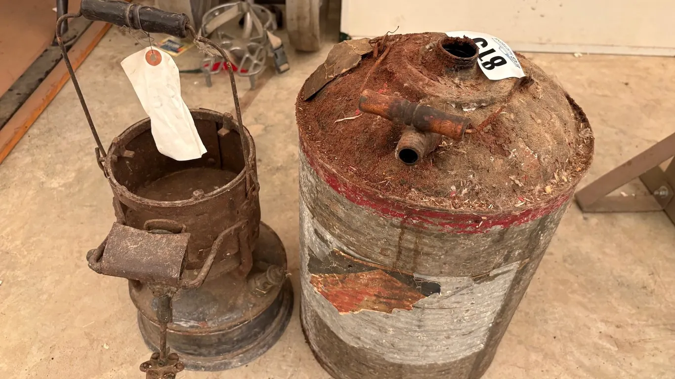 ANTIQUE LIQUID FUEL STOVE AND GALVANIZED FUEL CONTAINER