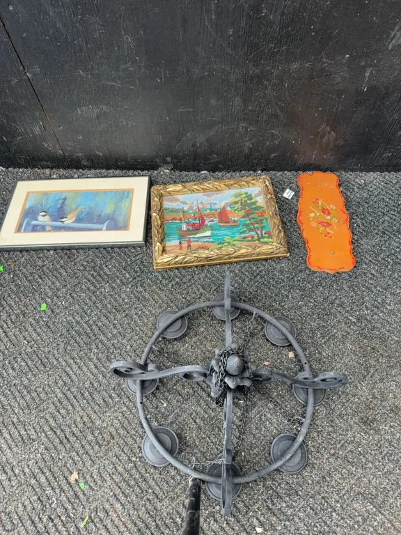 Lot: Framed Bird Print, Nautical Needlepoint, Decorative Plaque, Iron Chandelier