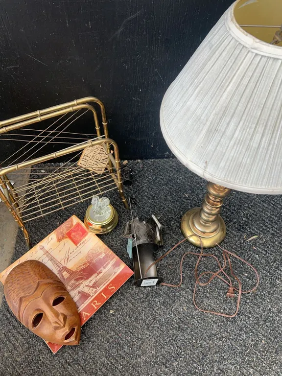 Home Decor Lot: Brass Lamp, Mask, Wine Holder & More