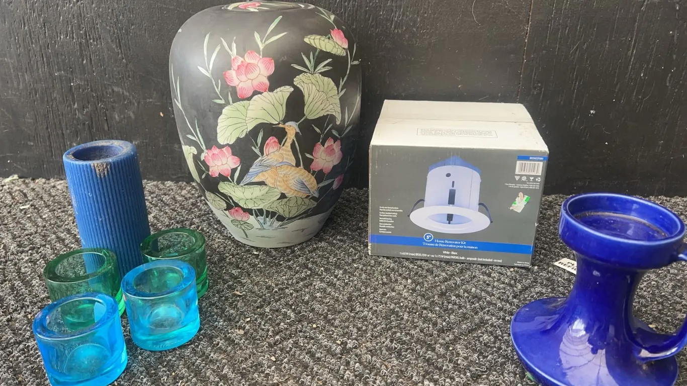 Home Decor Lot: Japanese Vase, Candleholders, Glass Set, Light Kit