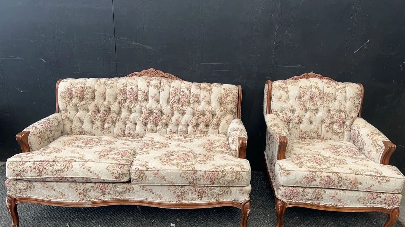 Tufted Floral Sofa and Armchair Set with Wood Trim
