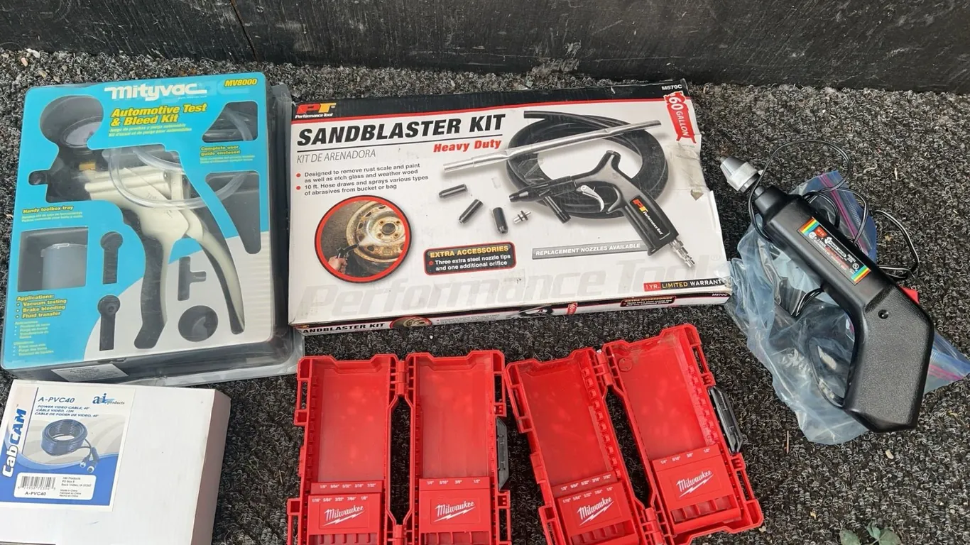 Tool Lot: Mityvac, Sandblaster, Wen Driver, Milwaukee Cases