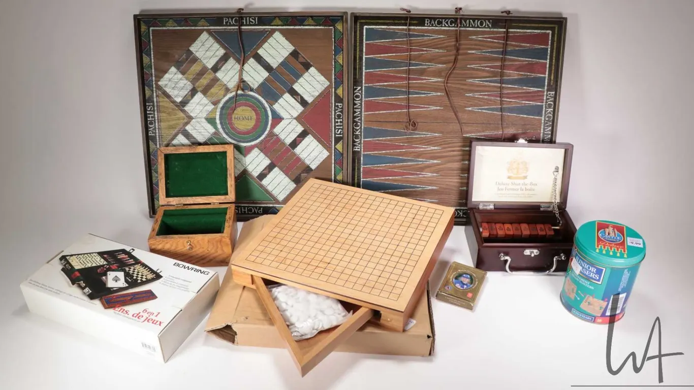 Selection of games including Bowring 6 in1 game set, wooden gameboard with game pieces, Backgammon b