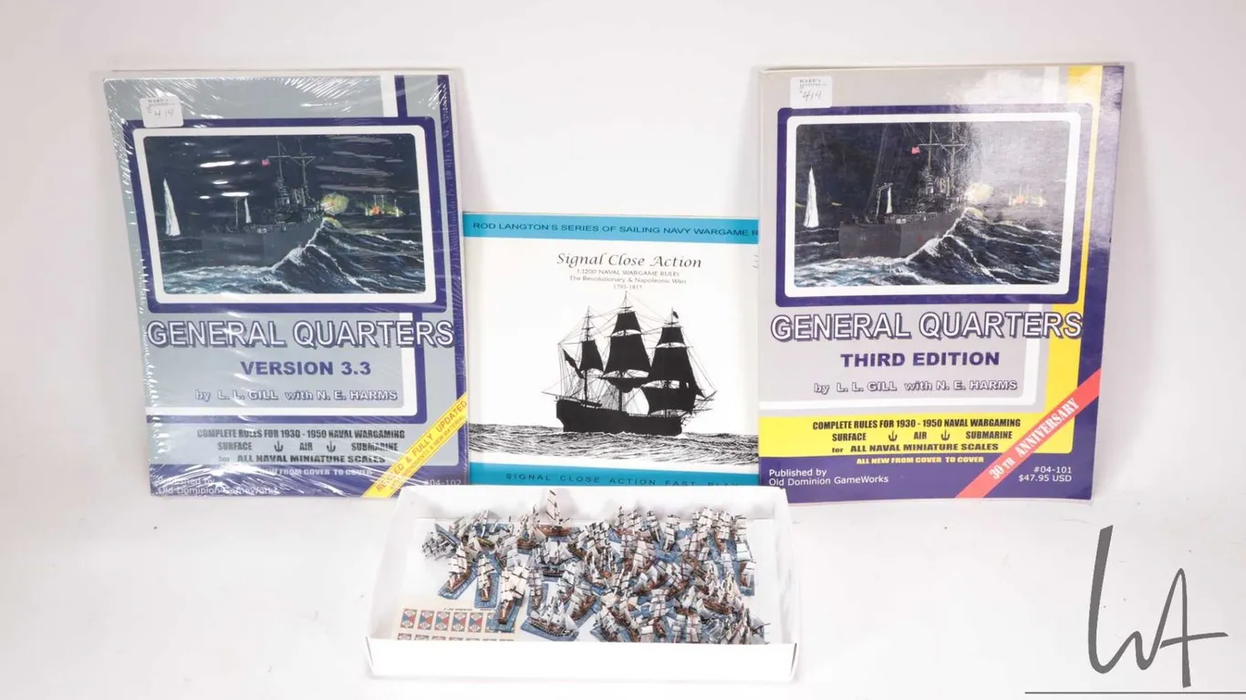 Three wargaming books including "Signal Close Action 1:1200 Navel Wargame Rules-The Revolutionary &