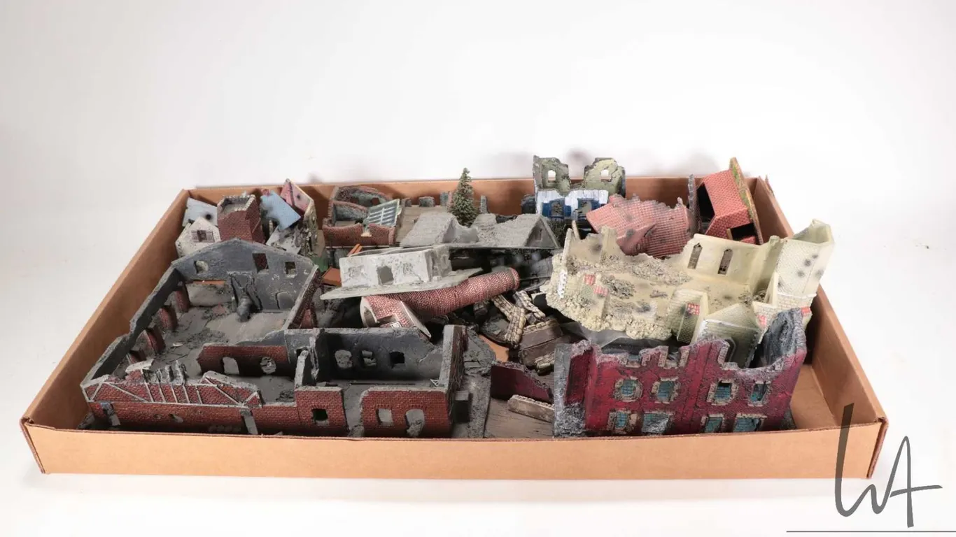 Large selection of miniature bombed out buildings and terrain