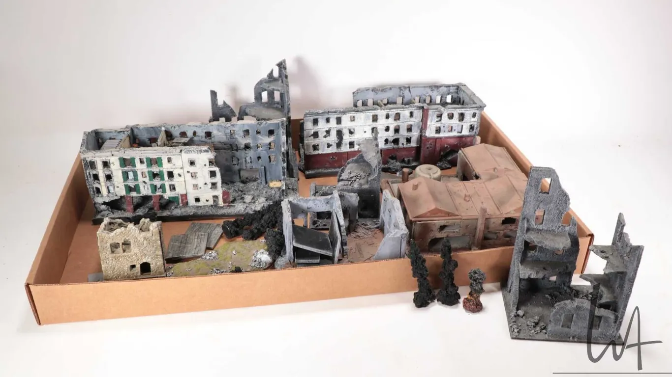 Large selection of bombed out buildings for wargaming dioramas
