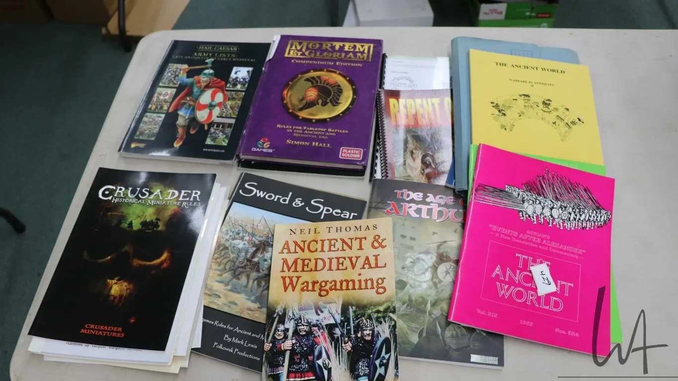 Large selection of gaming books including "Ancient & Medieval Wargaming", "Dux Bellorum-Arthurian Wa