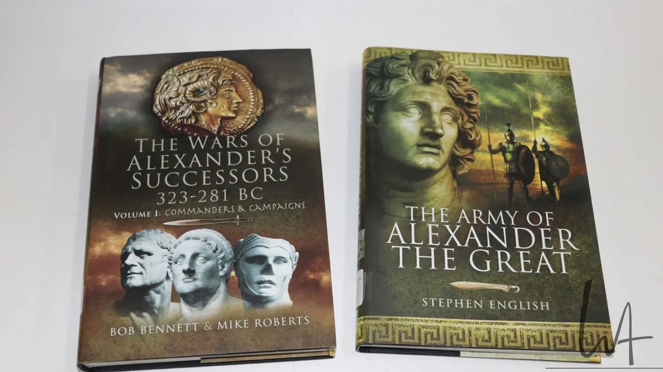 Two hardcover books including "The Army of Alexander the Great" by Stephen English and "The Wars of