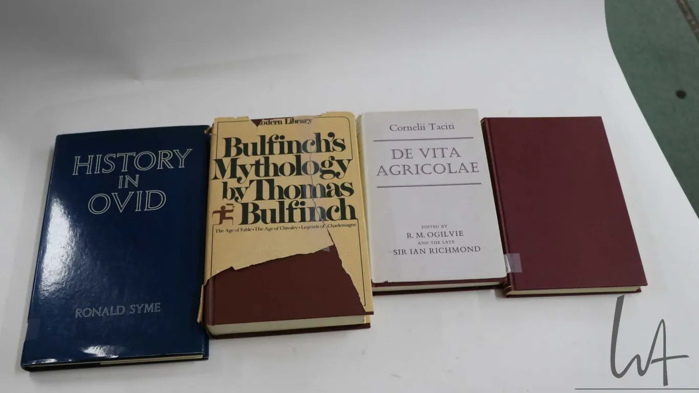 Four hardcover books including "History in Ovid" Ronald Syme, "Bullfinch's Mythology" by Thomas Bull
