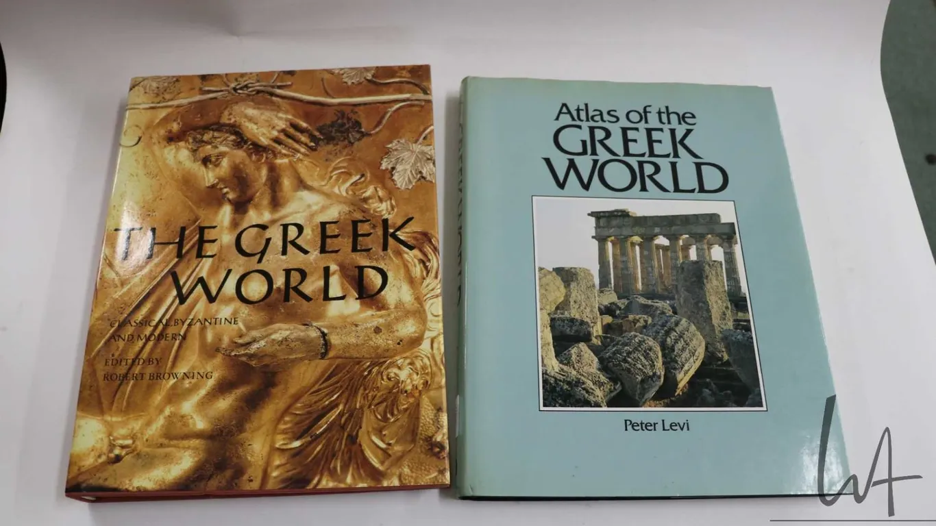 Two hardcover books including "The Greek World" edited by Robert Browning and "Atlas of the Greek Wo